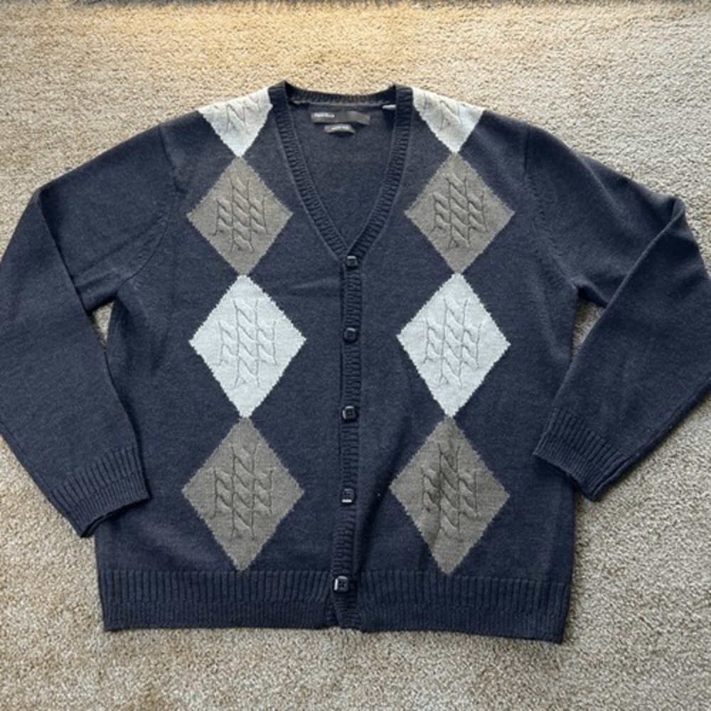 Perry Ellis Merino Wool Argyle Cardigan Sweater Mens Size L Brown Beige